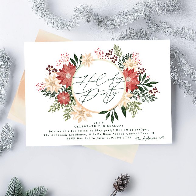 Elegant Holiday Party Poinsettia Wreath Splendour Invitation (Creator Uploaded)