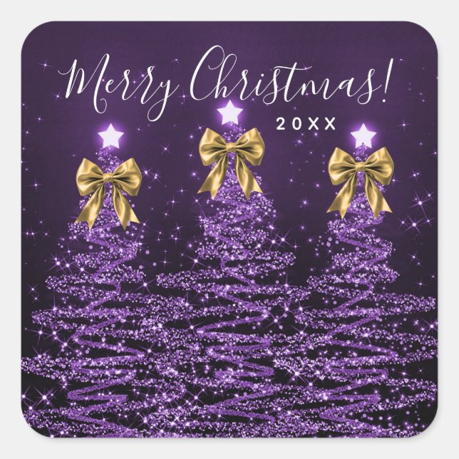 Elegant Holiday Purple Christmas Trees Bows Gold  Square Sticker (Front)