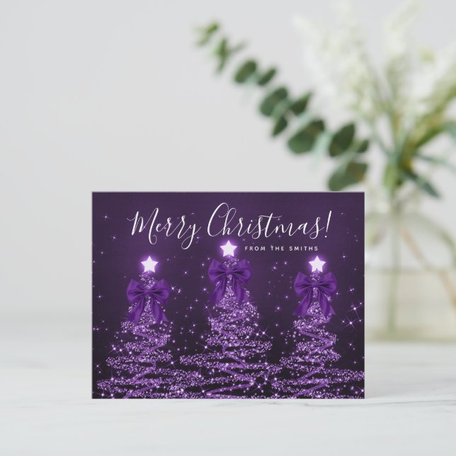 Elegant Holiday Purple Christmas Trees Bows Postcard (Standing Front)