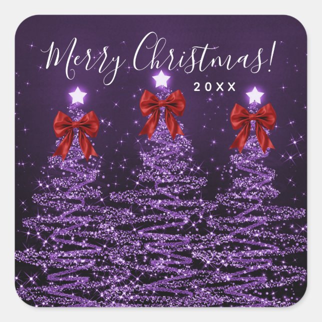 Elegant Holiday Purple Christmas Trees Bows Red  Square Sticker (Front)