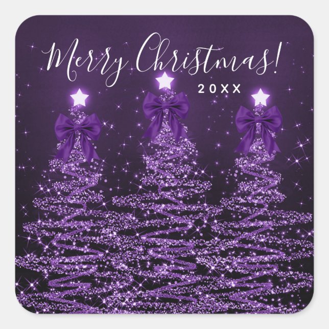 Elegant Holiday Purple Christmas Trees Bows  Square Sticker (Front)