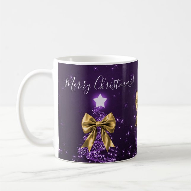 Elegant Holiday Purple Christmas Trees Gold Bows Coffee Mug (Left)