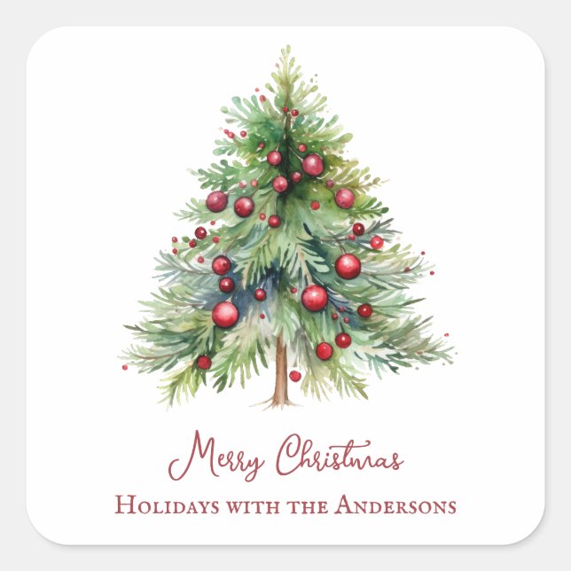 Elegant Holiday Red Green Pine Tree Christmas Square Sticker (Front)