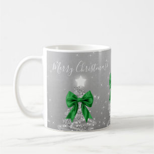 Elegant Holiday Silver Christmas Trees Green Bows Coffee Mug