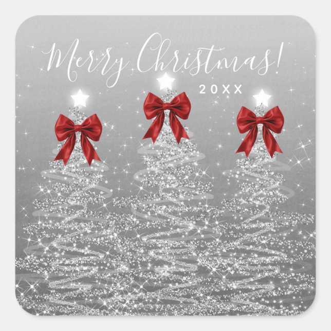 Elegant Holiday Silver Christmas Trees Red Bows Square Sticker (Front)