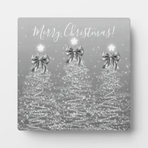 Elegant Holiday Silver Christmas Trees w/ Bows Plaque