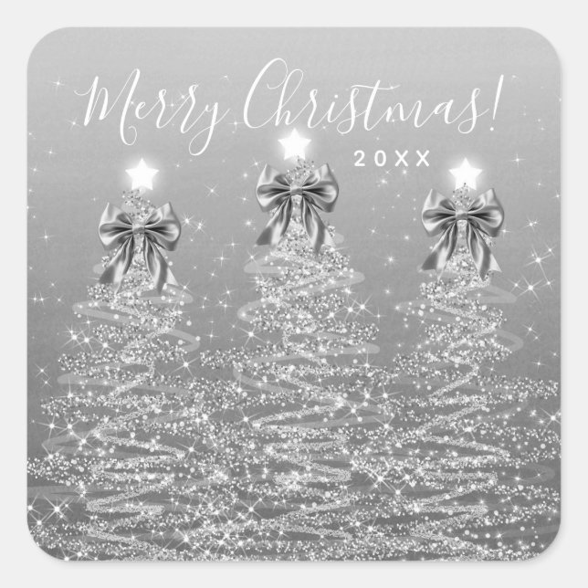 Elegant Holiday Silver Christmas Trees w/ Bows Square Sticker (Front)