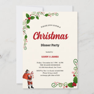 Elegant Holly and Berries Christmas dinner Party  Invitation
