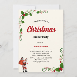 Elegant Holly and Berries Christmas dinner Party  Invitation