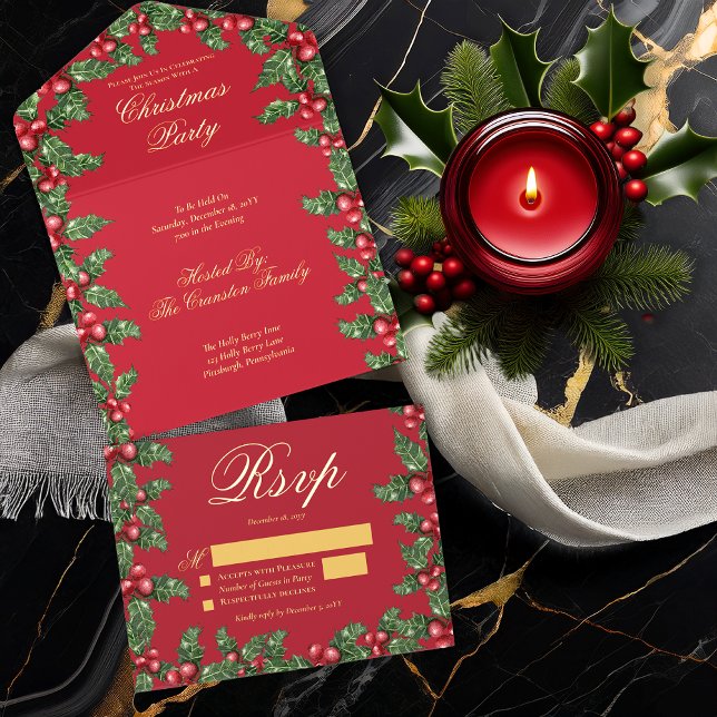 Elegant Holly and Berries Frame Christmas Party All In One Invitation (Elegant Holly and Berries Frame Christmas Party All in One Invitation -- Red Background)