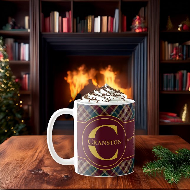 Elegant Holly and Berries Holiday Monogram Name Coffee Mug (Rustic Elegance Rich Dark Plaid Holly and Berries with Monogram and Name - Personal or Corporate Mug)