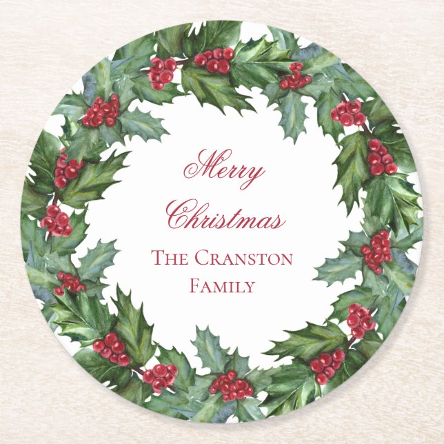 Elegant Holly and Berries Wreath Merry Christmas Round Paper Coaster (Front)
