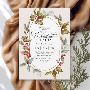Elegant Holly and Berry Botanical Christmas Party Invitation