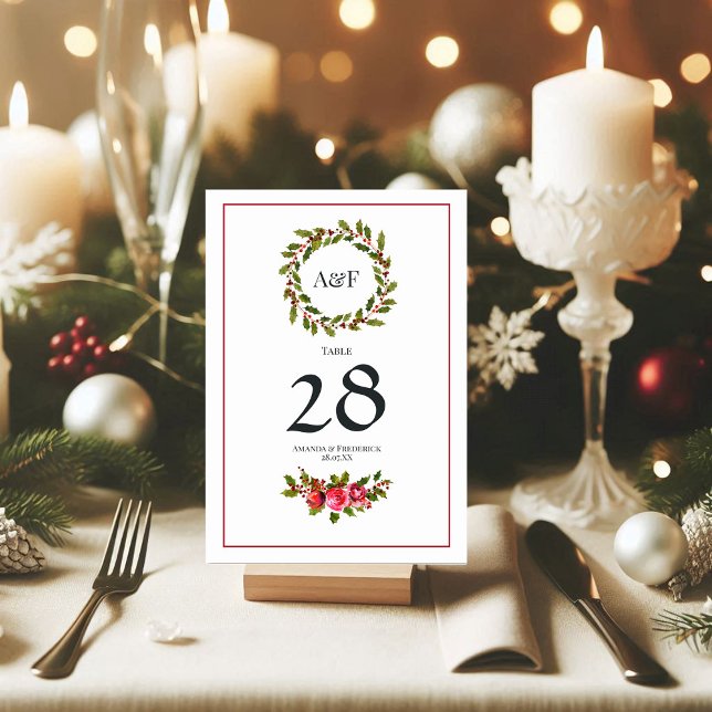 Elegant Holly and Ivy Christmas Wedding Table Number (Elegant Holly and Ivy Christmas Wedding Table Number)