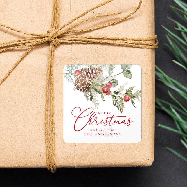 Elegant Holly Berries and Pine Cones Christmas Square Sticker (Creator Uploaded)