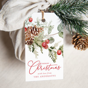 Elegant Holly Berries and Pine Cones Holiday Gift Tags