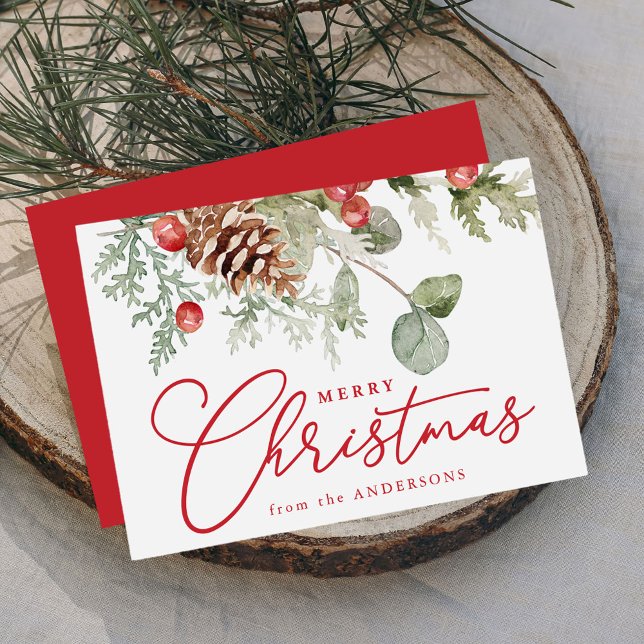 Elegant Holly Berries and Pine Cones Non-Photo Holiday Card (Creator Uploaded)