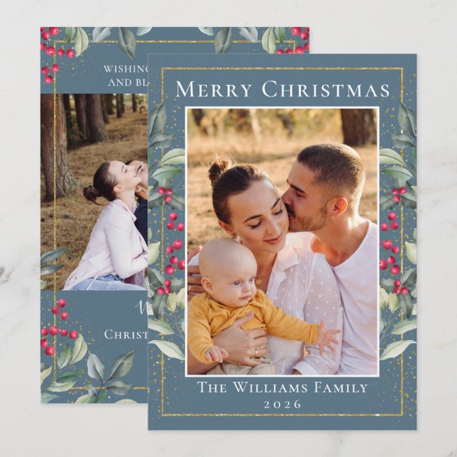 Elegant Holly Berries Blue Grey Christmas 2 Photo Holiday Card (Front/Back)