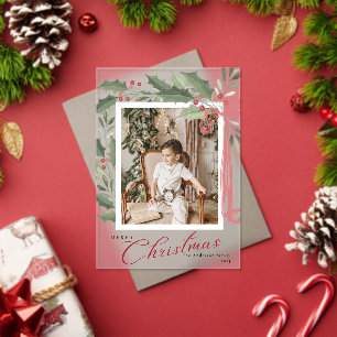 Elegant Holly Berries Family Photo Christmas Card Acrylic Invitations