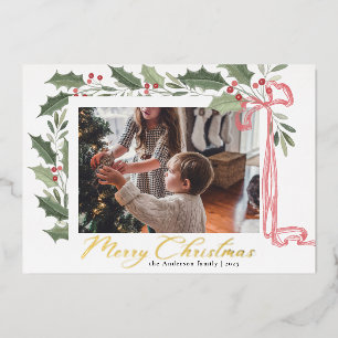 Elegant Holly Berries Family Photo Christmas Foil Holiday Card