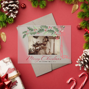 Elegant Holly Berries Foliage Photo Christmas Card Acrylic Invitations