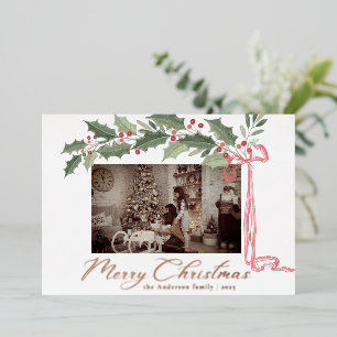 Elegant Holly Berries Foliage Photo Christmas Foil Holiday Card