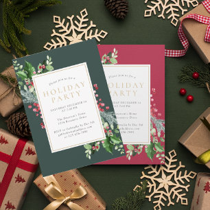 Elegant Holly Berries Green Holiday Party  Invitation