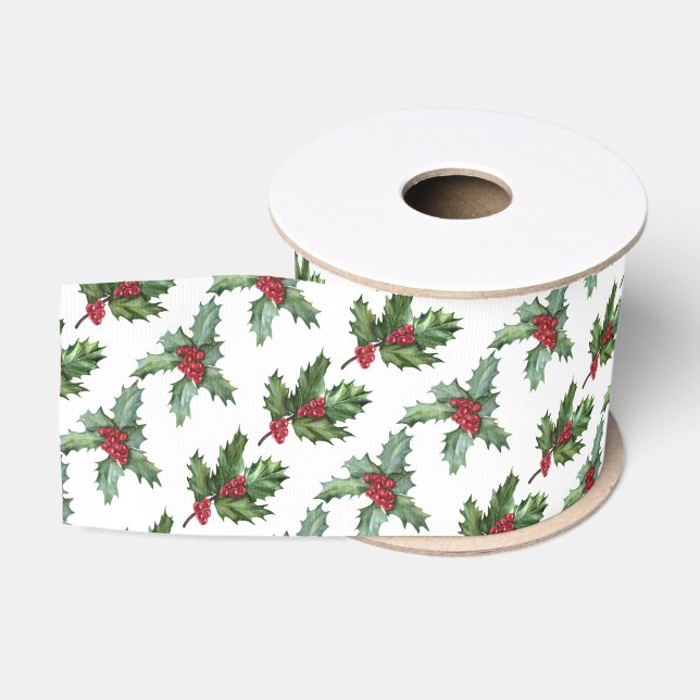 Elegant Holly Berries Pattern Christmas Holiday Grosgrain Ribbon (Spool)