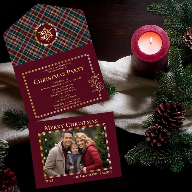 Elegant Holly Berries Plaid Photo Christmas Party All In One Invitation (Elegant Holly and Berries with Plaid Photo Christmas Holiday Party Real Gold | Faux Foil Invitations)