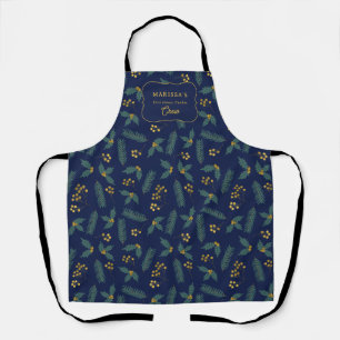 Elegant Holly Berry Christmas Botanical Blue Gold Apron