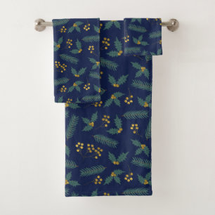 Elegant Holly Berry Christmas Botanical Blue Gold Bath Towel Set