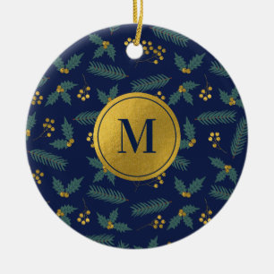 Elegant Holly Berry Christmas Botanical Blue Gold Ceramic Ornament