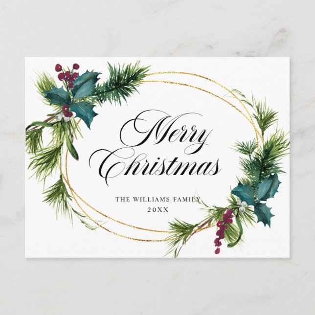 Elegant Holly Berry Christmas Greeting Holiday Postcard (Front)