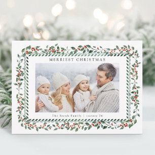 Elegant Holly Berry Christmas Photo Holiday Card