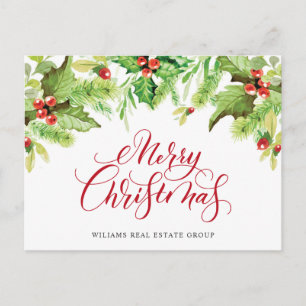 Elegant Holly Berry Mistletoe Corporate Christmas Holiday Postcard