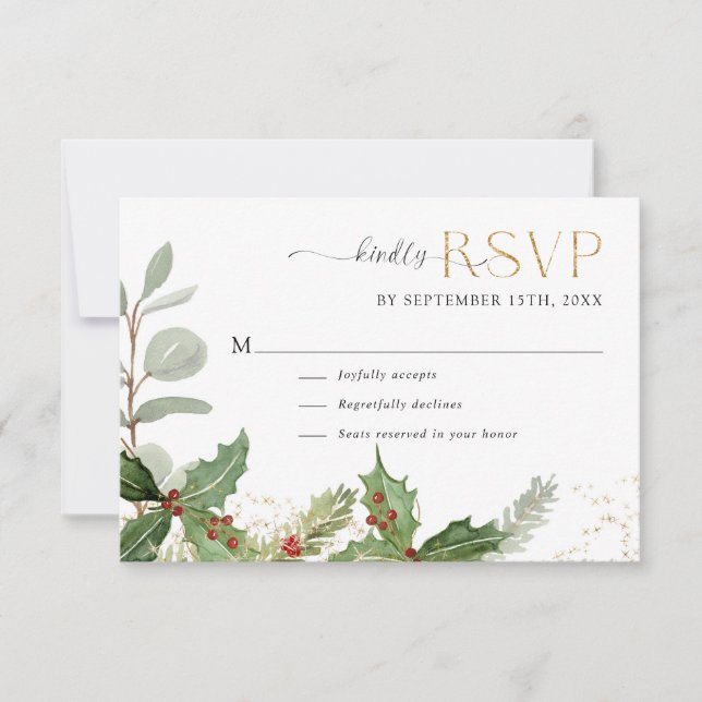 Elegant Holly Berry n Pine Gold Stars Wedding RSVP Card (Front)