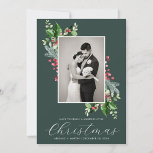Elegant Holly Berry Wedding Photo Green  Holiday Card
