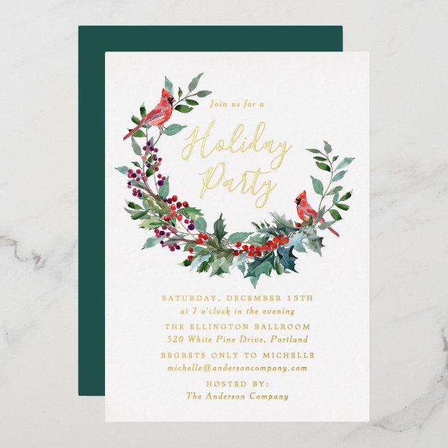 Elegant Holly Berry Wreath Cardinals Holiday Party (Front/Back)