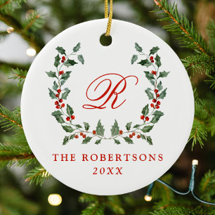 Elegant Holly Berry Wreath Monogram Photo Ceramic Ornament