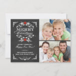 Elegant Holly Chalkboard Christmas 2-Photo Cards<br><div class="desc">Vintage chalkboard style Merry Christmas holiday greeting card with photo template. Elegant black and white design with beautiful red poinsettia holly wreath, festive retro frame and decorative formal letterpress style typography on slate grey chalk board background. Add your favourite holiday family pictures and customize the text. Contemporary, classic, modern and...</div>