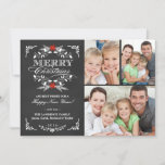 Elegant Holly Chalkboard Christmas 3-Photo Collage Holiday Card<br><div class="desc">Vintage chalkboard style Merry Christmas holiday greeting card with photo template. Elegant black and white design with beautiful red poinsettia holly wreath, festive retro frame and decorative formal letterpress style typography on slate grey chalk board background. Add your three favourite holiday family pictures and customize the text. Cheerful and bright...</div>