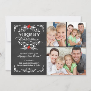 Elegant Holly Chalkboard Christmas 3-Photo Collage Holiday Card