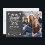 Elegant Holly Chalkboard Christmas Photo Flat Card<br><div class="desc">Vintage chalkboard style Merry Christmas holiday greeting card with photo template. Elegant black and white design with beautiful red poinsettia holly wreath, festive retro frame and decorative formal letterpress style typography on slate grey chalk board background. Add your favourite holiday family picture and customize the text. Cheerful and bright contemporary,...</div>