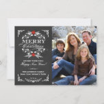 Elegant Holly Chalkboard Christmas Photo Flat Card<br><div class="desc">Vintage chalkboard style Merry Christmas holiday greeting card with photo template. Elegant black and white design with beautiful red poinsettia holly wreath, festive retro frame and decorative formal letterpress style typography on slate grey chalk board background. Add your favourite holiday family picture and customize the text. Cheerful and bright contemporary,...</div>