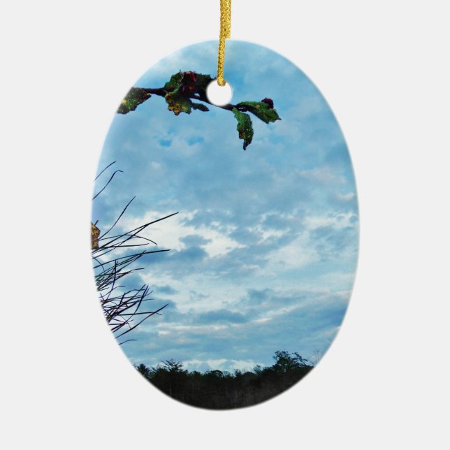 Elegant Holly Christmas,  blue sky Ceramic Ornament (Front)