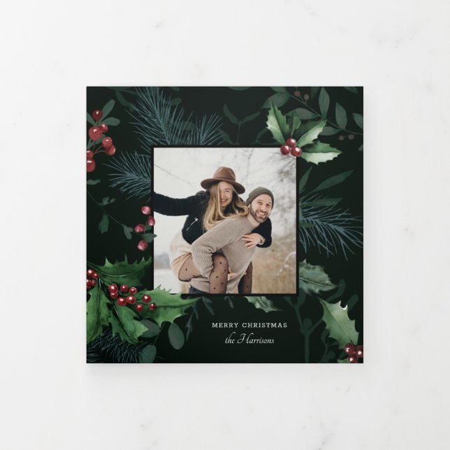 Elegant Holly Christmas Dark Green Botanical Photo Tri-Fold Holiday Card (Cover)