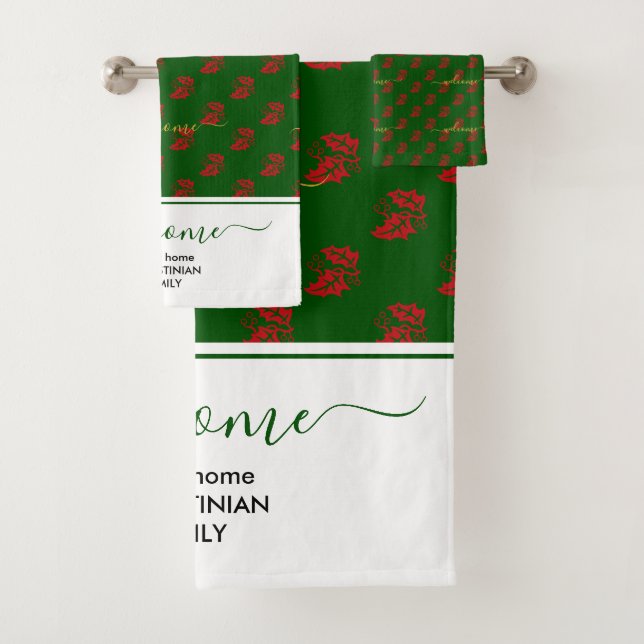 Elegant Holly Christmas Welcome Bath Towel Set (Insitu)