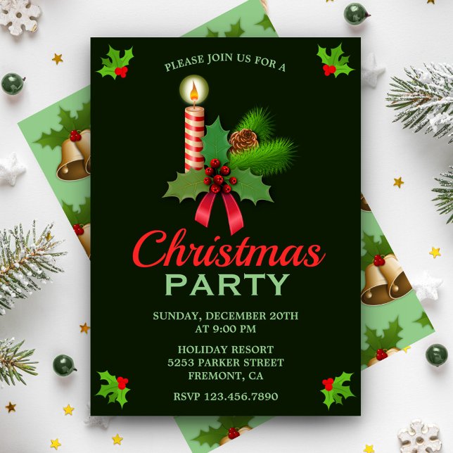Elegant Holly et bougie | Invitation de la fête de (Créateur téléchargé)