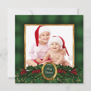 Elegant Holly Green Gold Photo Christmas Cards