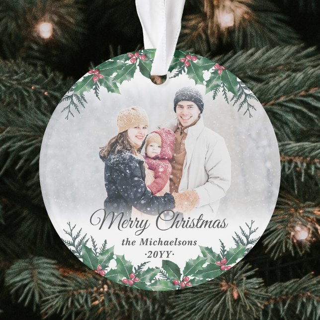 Elegant Holly Greenery 2 Photo Merry Christmas Ornament (Creator Uploaded)